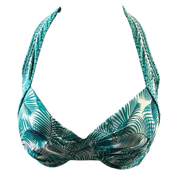 Tommy Bahama Bikini Top Swim 34D Teal White Halter Tropical Reversible Underwire - Picture 2 of 9